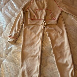 Beige Two-Piece Loungewear Set with Pink Contrast Stitching